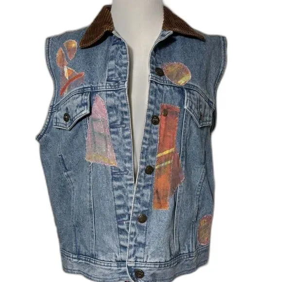 Vintage Handmade Jean Vest Jacket Patchwork Art to Wear Medium Fairy Corduroy - Picture 2 of 6
